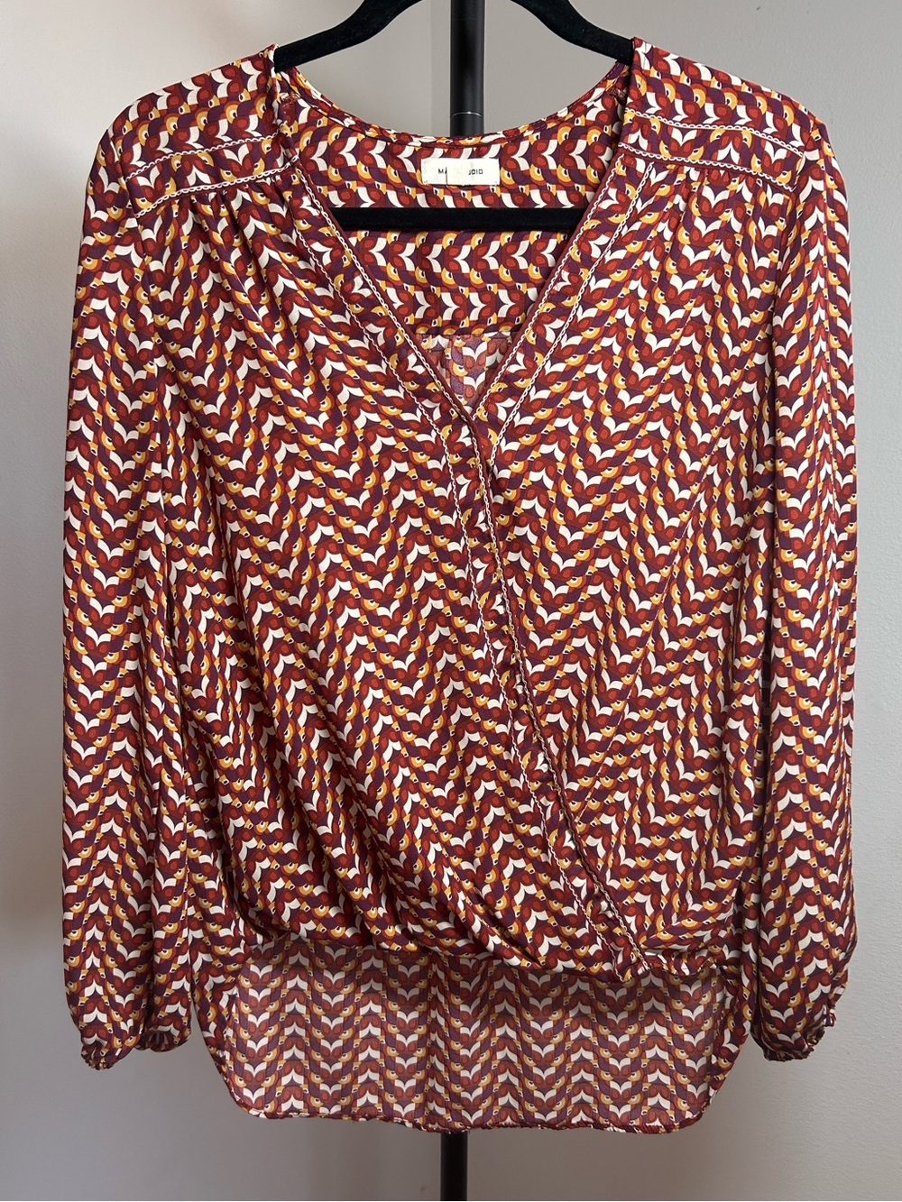 Max Studio Burgundy Chevron Wrap Blouse with Cream Accents size M